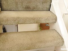 Brunette with perfectly waxed pussy is about to have casual sex with her step- dad