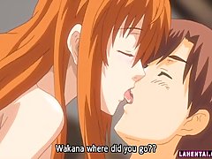 Busty Hentai chick is squeezing her lover's meat stick with her milk jugs while licking it's tip