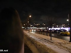 Naked babe, Jeny Smith is walking down the street, while a horny voyeur is making a video 